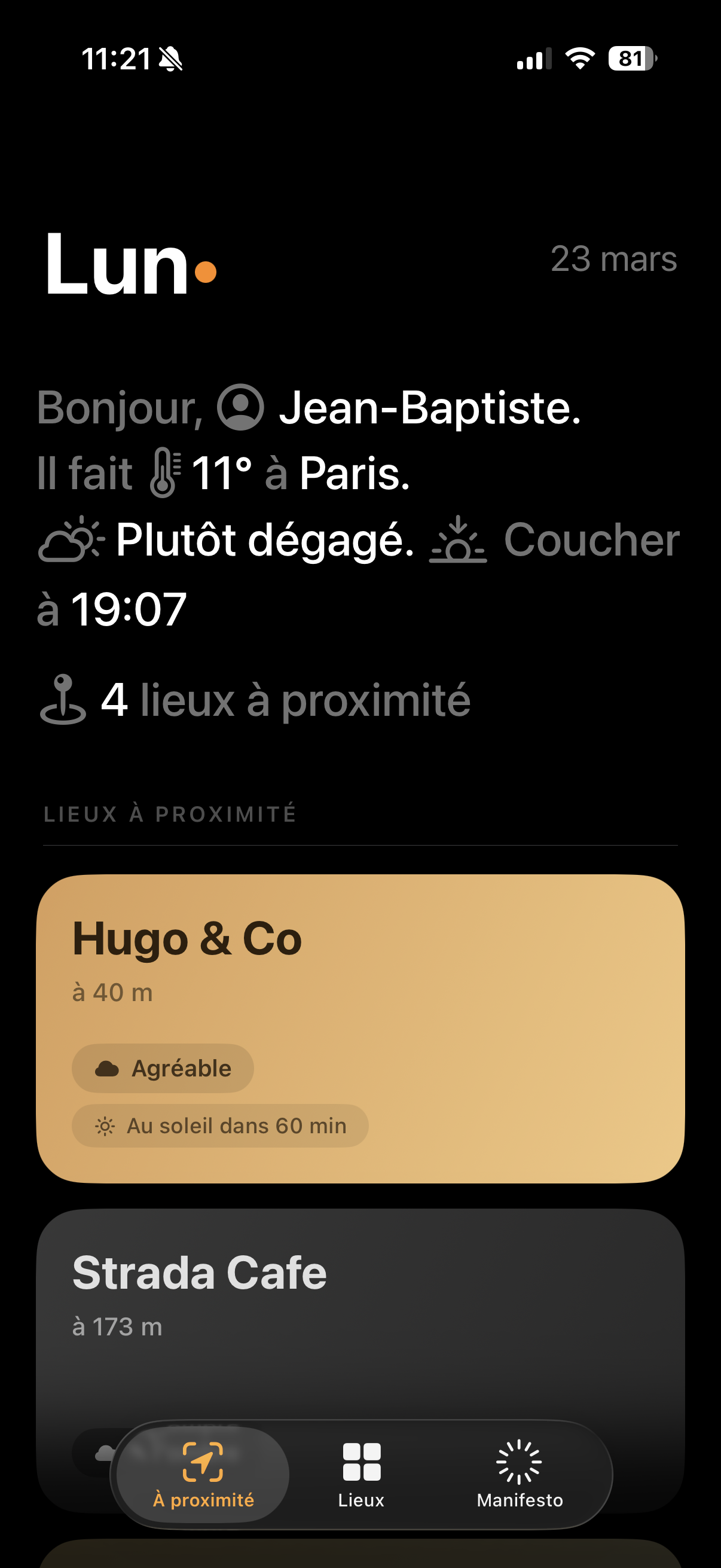 Helios — tableau de bord avec les lieux ensoleillés à proximité